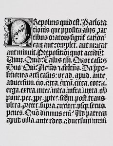 Facsímil de una página de xilografía o grabado en madera sobre la preposición, de un libro de gramática impreso por Johann Fust y Johannes Gutenberg, Maguncia, c.1450 de English School